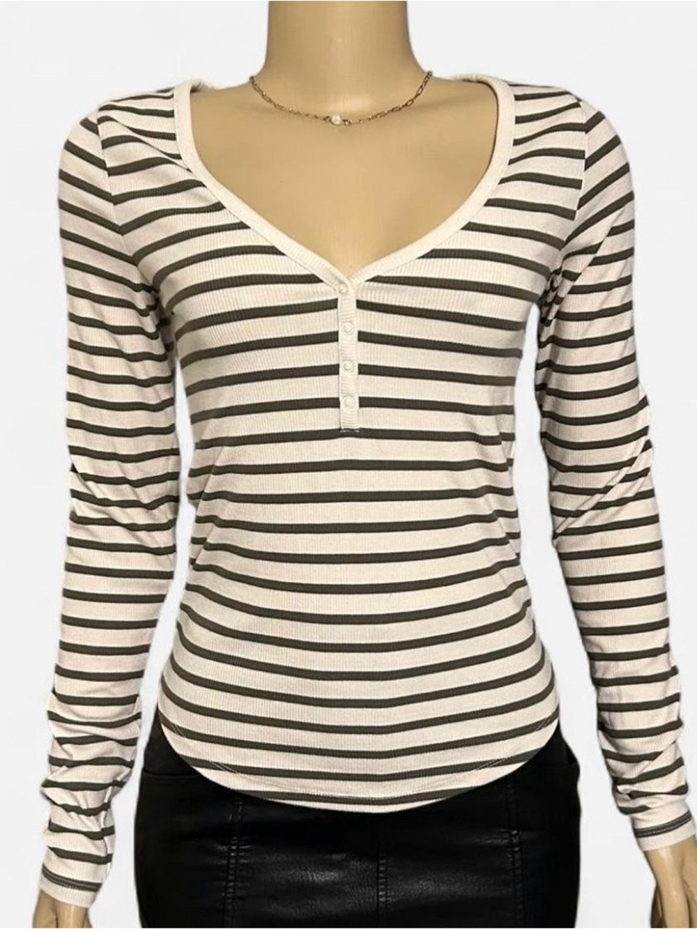 American Eagle Outfitters Cream & Black Striped V-Neck Henley Long Sleeve Top